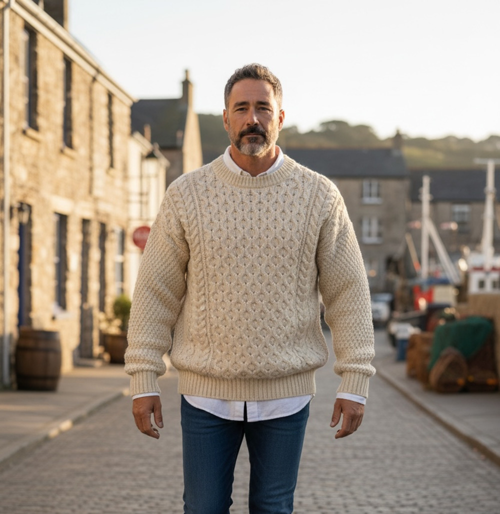 Celtic Woollens Men's Vintage Cream Cable Knit Chunky Fisherman Sweater M